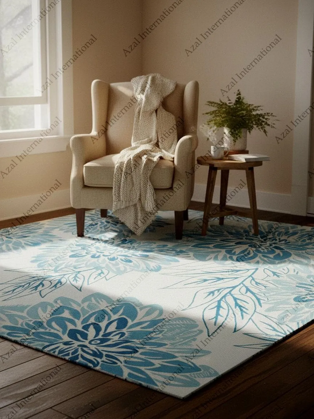 Hand Tufted Blue Floral Rug with Modern Botanical Design.