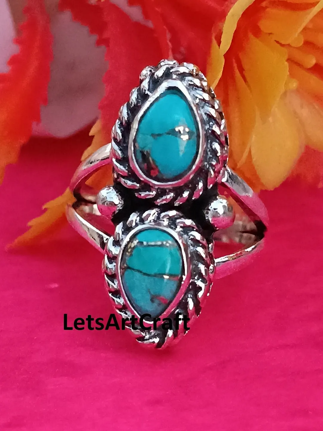 Handmade Turquoise Ring: 925 Sterling Silver Boho Statement Ring