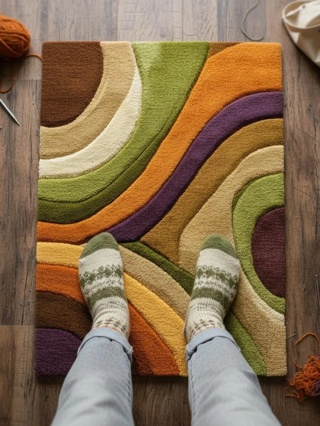 Handmade Wool Area Rug | Retro 70s Wave Design, Colorful Carpet