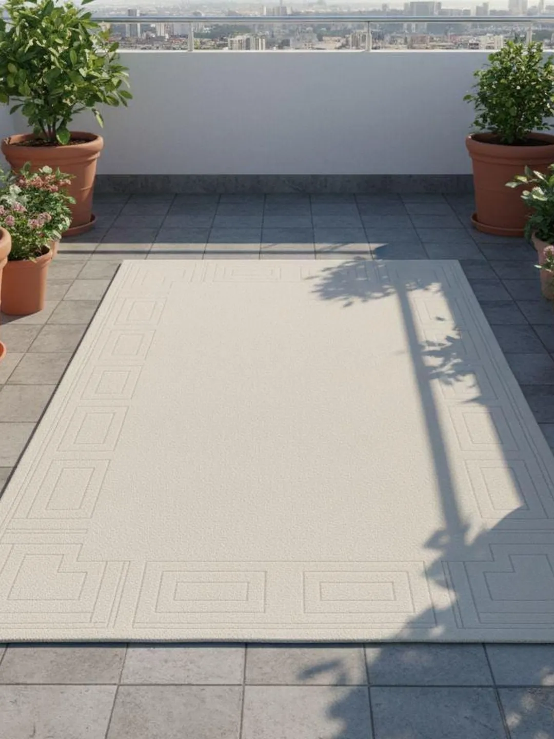 Cream Rug Key Design Hand Tufted Wool Rug, Neutral Cream Greek Key Border Home Decor Rug