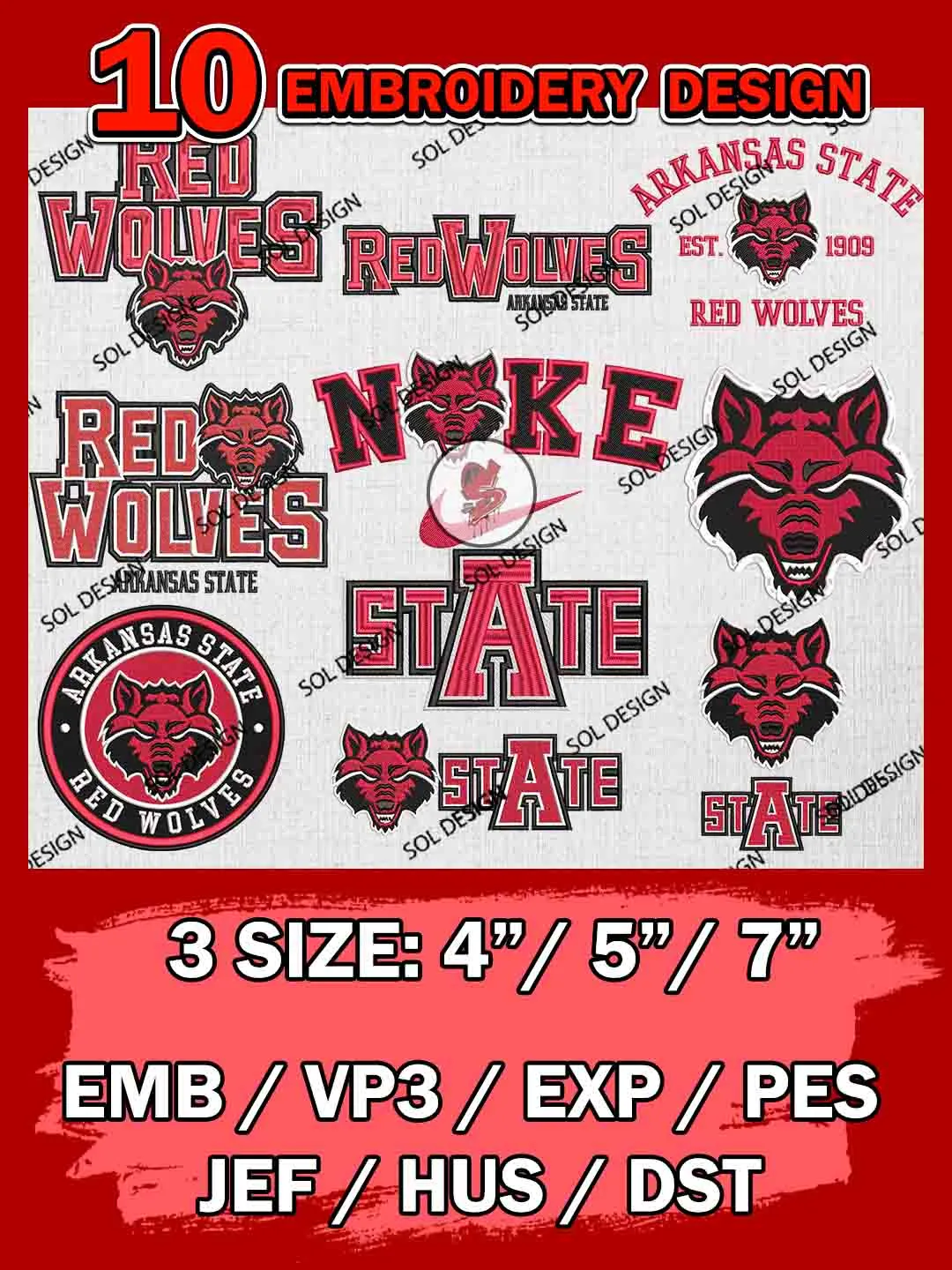 10 NCAA Arkansas State Red Wolves Bundle Embroidery Files, NCAA Arkansas State Red Wolves Team Bundle Embroidery Designs, NCAA Teams, National College Football Team 3 sizes, NCAA Arkansas State Machine Embroidery, Digital Download