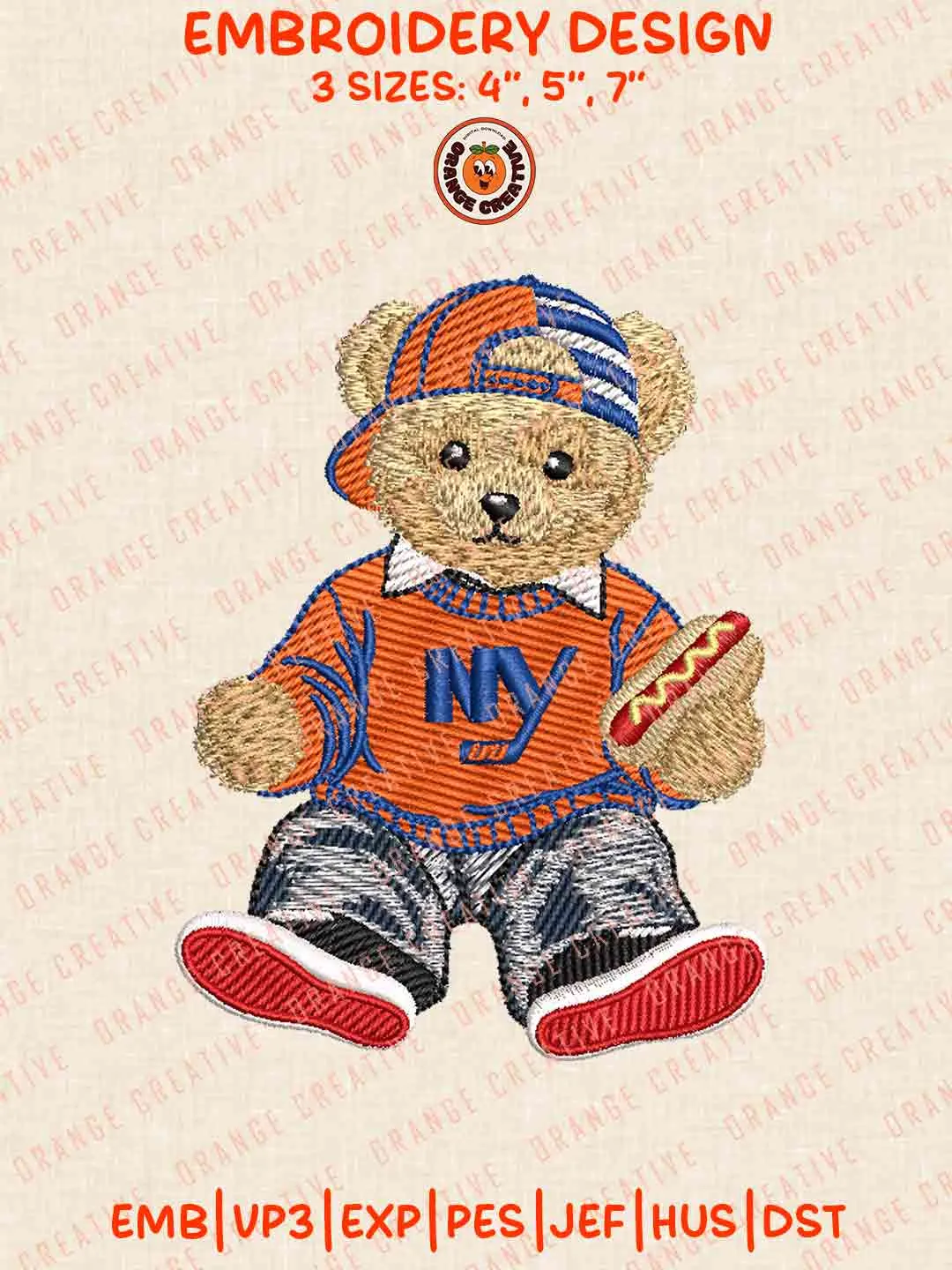 NHL New York Islanders Team Teddy Bear Hot Dog Embroidery Files, Cute Sport Teddy Bear Embroidery Designs, NHL Hockey Team, New York Islanders Designs, Digital Download
