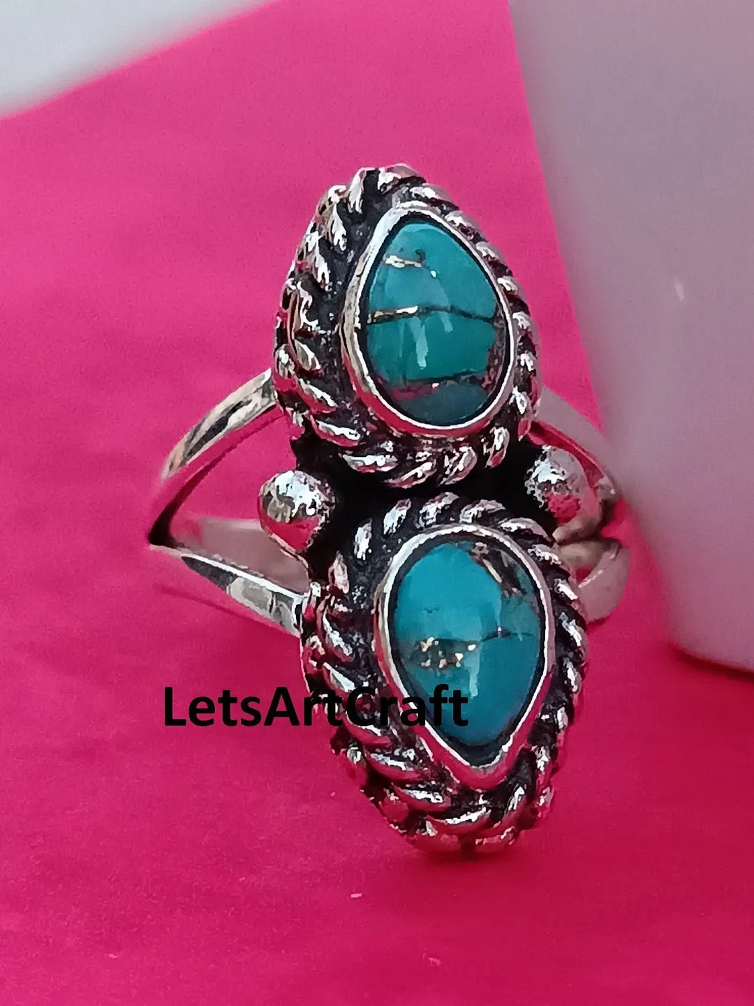 Handmade Turquoise Ring: 925 Sterling Silver Boho Statement Ring