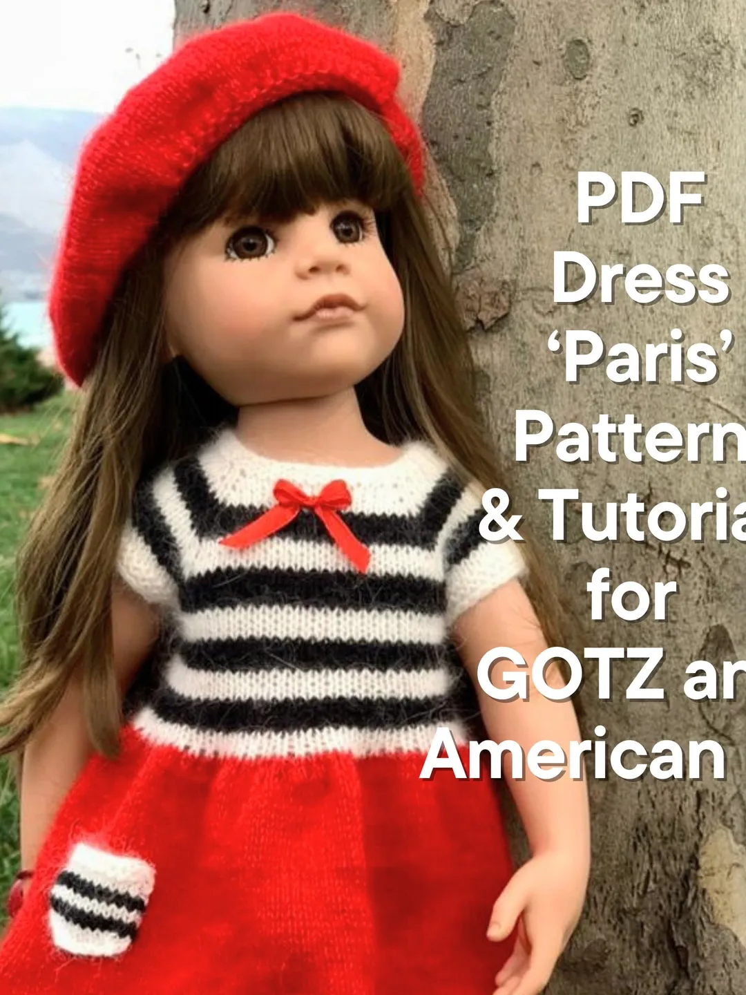 Dress for GOTZ doll KNIT patter / Christmas dress for 19-20 inch  45-50 cm doll, American Girl doll, clothes pattern PDF French dress, eng