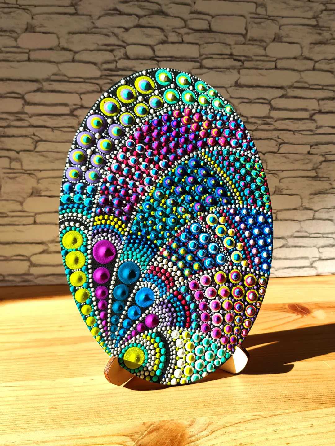 Peacock Feather Dot Mandala Hand Painted Acrylic on a Wood Panel