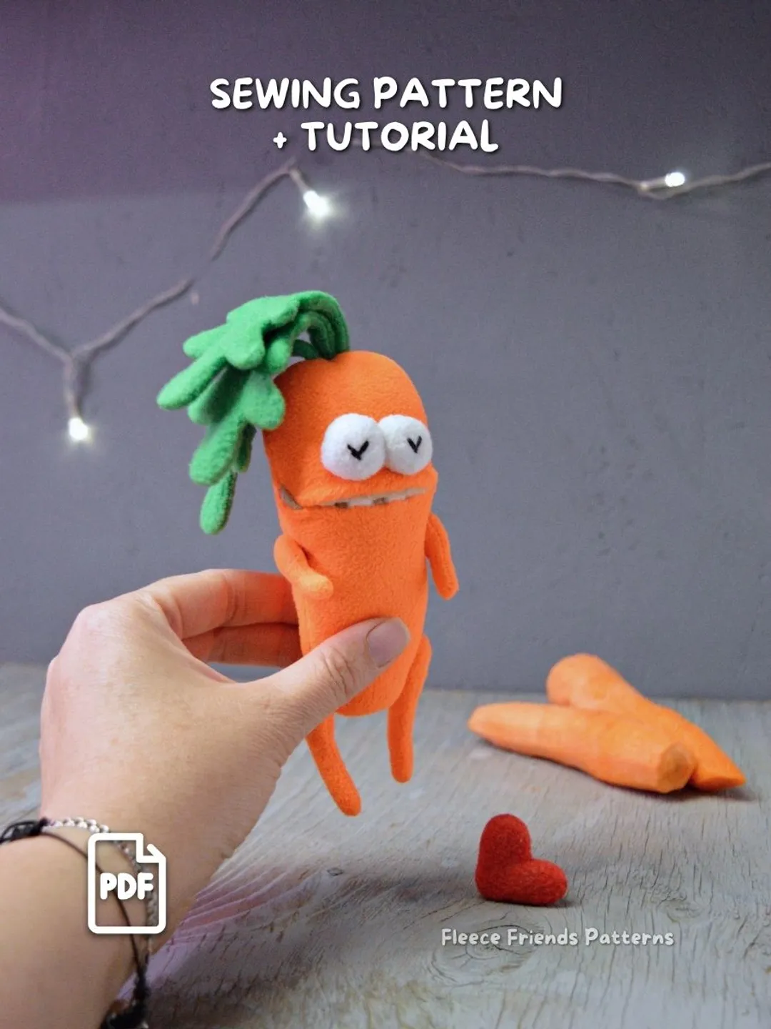 Carrot Monster Plush Sewing Pattern PDF with Leaf Hair & Secret Pocket