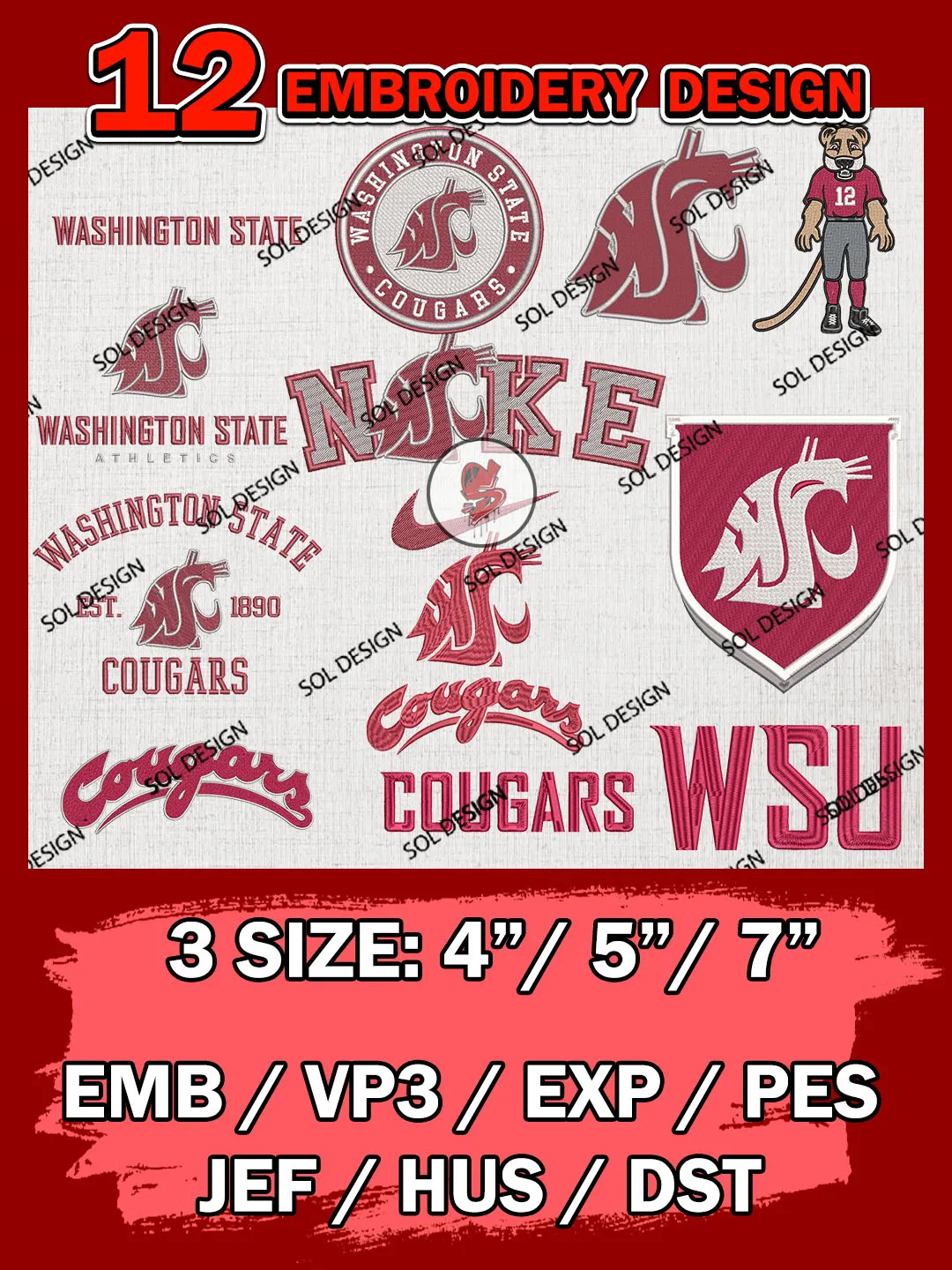 12 NCAA Washington State Cougars Bundle Embroidery Files, NCAA Washington State Cougars Team Bundle Embroidery Designs, NCAA Teams, National College Football Team 3 sizes, NCAA Washington State Machine Embroidery, Digital Download