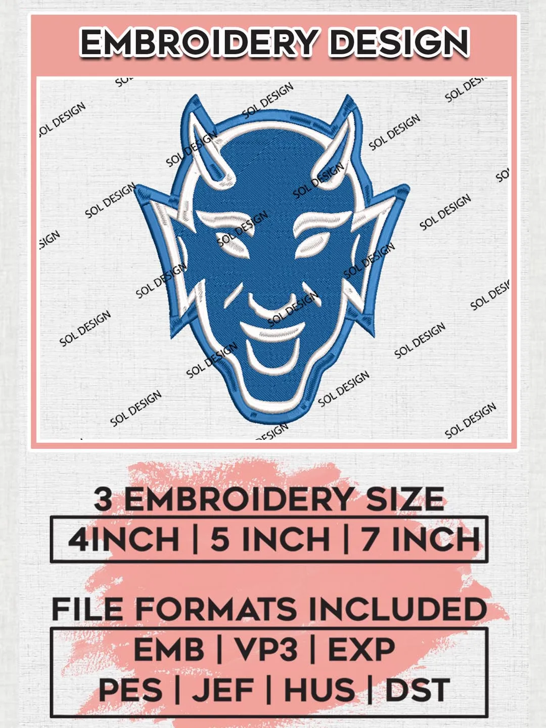 NCAA Duke Blue Devils Mascot Logo Machine Embroidery Design, NCAA Duke Blue Devils Embroidery Design Design files, NCAA Team Embroidery Designs, NCAA Machine Embroidery Designs, Digital Download
