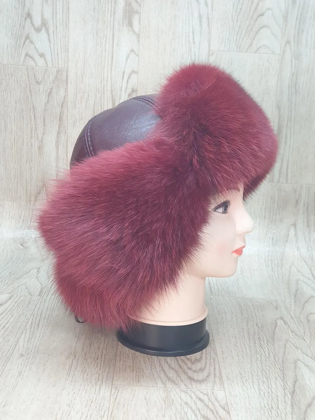 Women's Hat Zimushka from Fox. Fur hat from Natural Fur. Top of the Hat Genuine Leather. Winter hat. Handmade. Red hat made of arctic fur