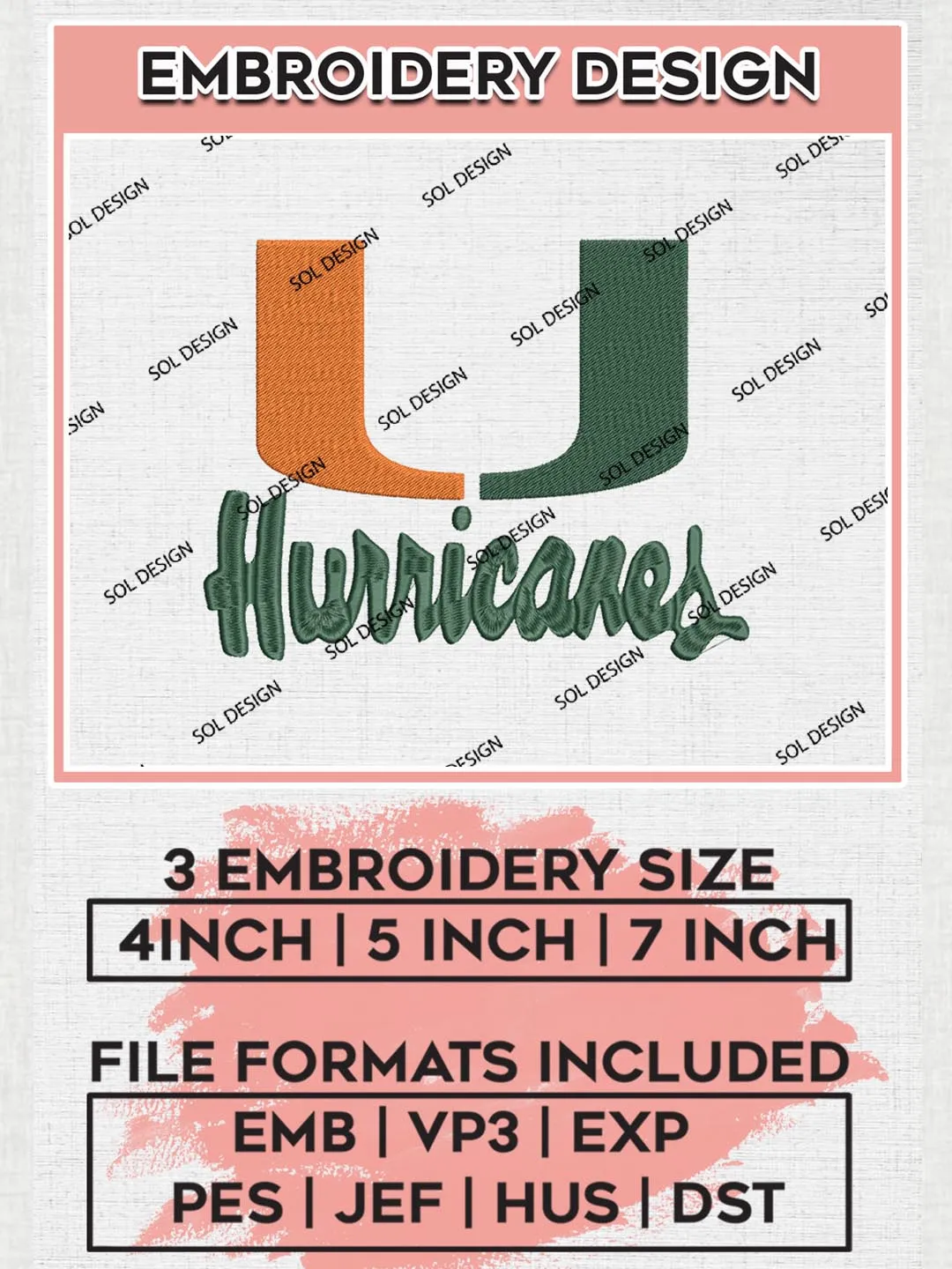 NCAA Hurricanes Team Logo Machine Embroidery Design, NCAA Miami Hurricanes Team Design Design files, NCAA Team Embroidery Designs, NCAA Machine Embroidery Designs, Digital Download