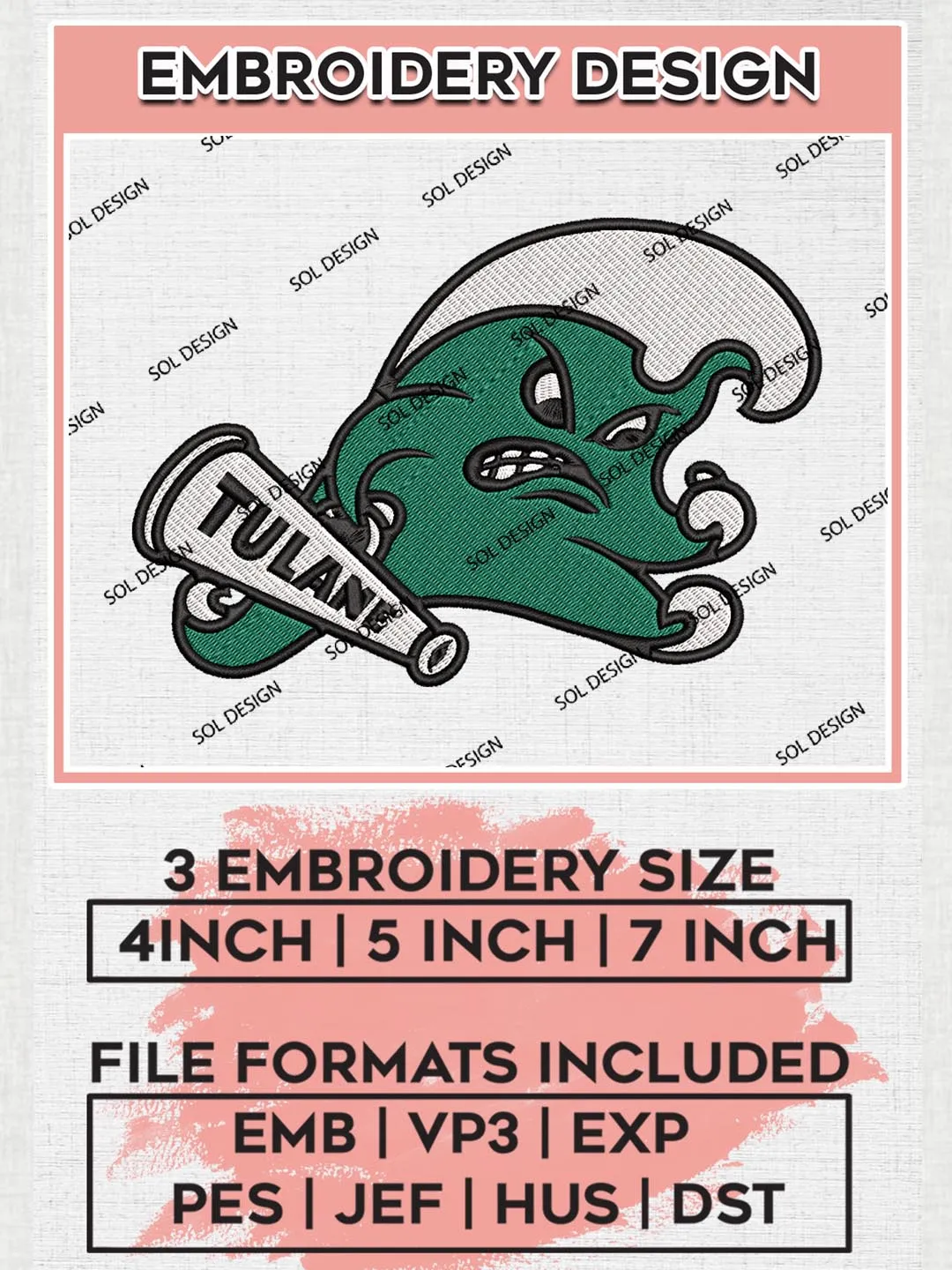 Tulane Green Wave Logo Machine Embroidery Design, NCAA Tulane Green Wave Embroidery Design Design files, NCAA Embroidery Designs, NCAA Machine Embroidery Designs, Digital Download