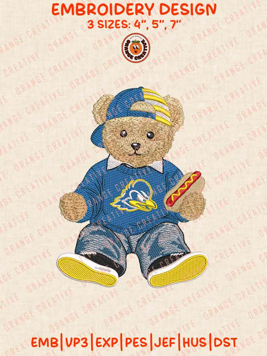 Delaware Blue Hen Teddy Bear Embroidery Design Files, Football Embroidery Designs, Sport Machine Embroidery Files, 3 Sizes, Custom Sizes, Instant Download