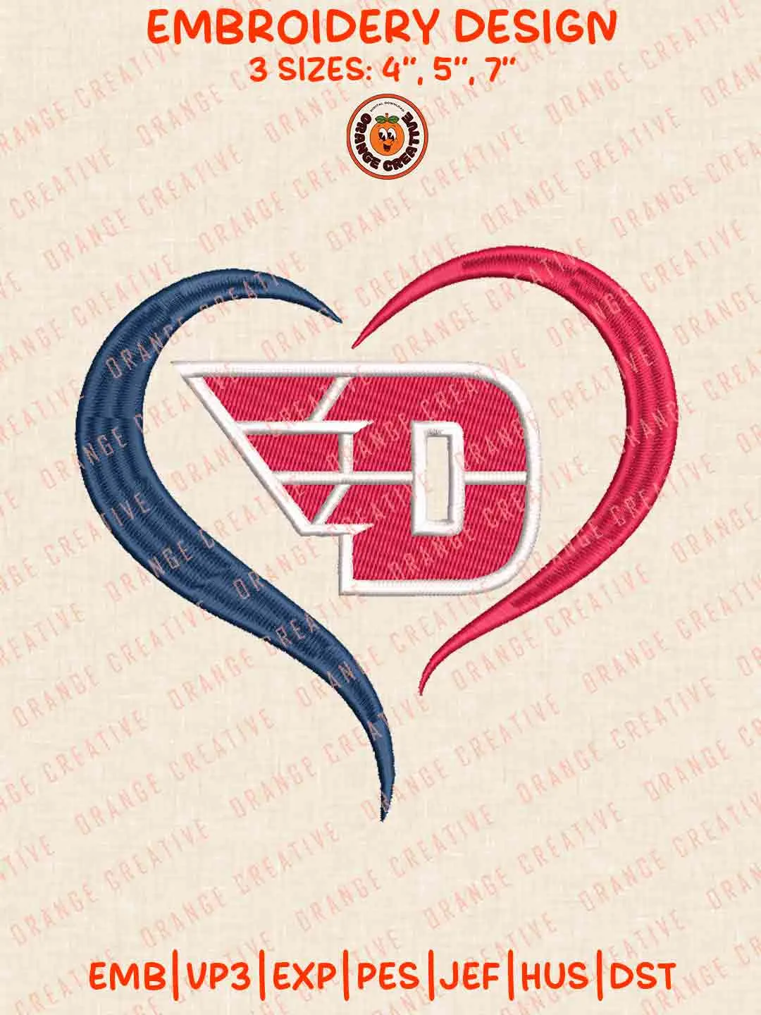 Dayton Flyer Heart Logo Embroidery Design, College Machine Embroidery Digitized Pes File, Football Designs, 3 Sizes, Custom Size, Instant Download