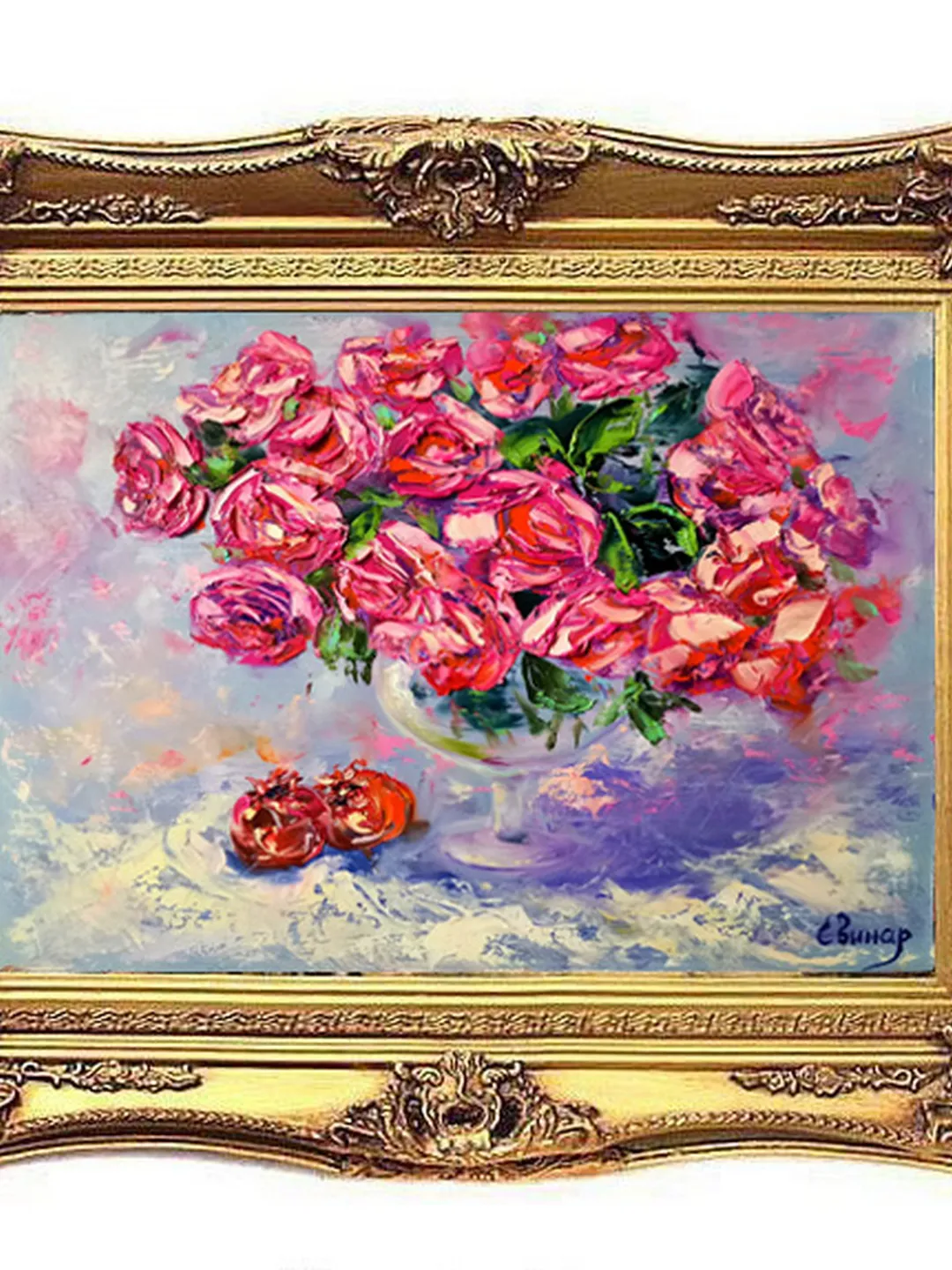 Pomegranate Flowers Pink Roses Impasto Oil Painting Original Artist Svinar Oksana