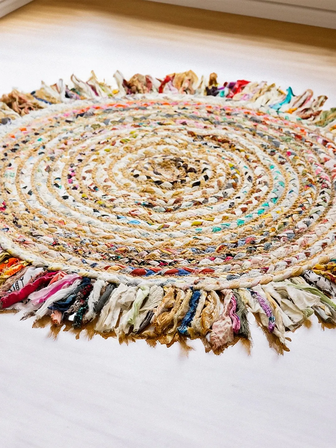 Rug Multicolour Rag Rug White Chindi Multicolour Rag Braided Boho Rug, Bohemian Jute mat with ...