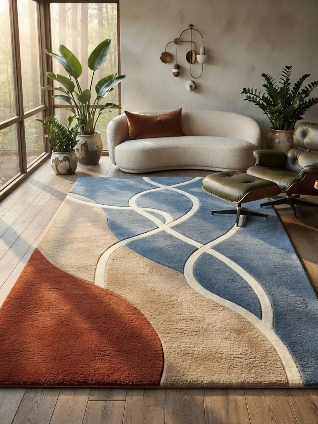 Hand Tufted Wool Rug, Modern Abstract Area Rug, Blue And Terracotta Floor Carpet, Luxury Living Room Rug, Contemporary Geometric Rug