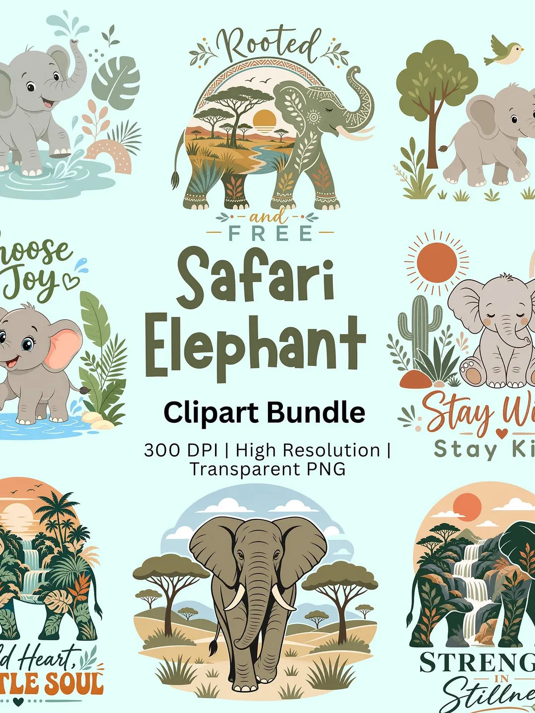 Safari Elephant Clipart Bundle PNG, Cute Baby Elephant Nursery Art, Jungle Animals Clipart, Boho Safari Kids Wall Art Digital Download