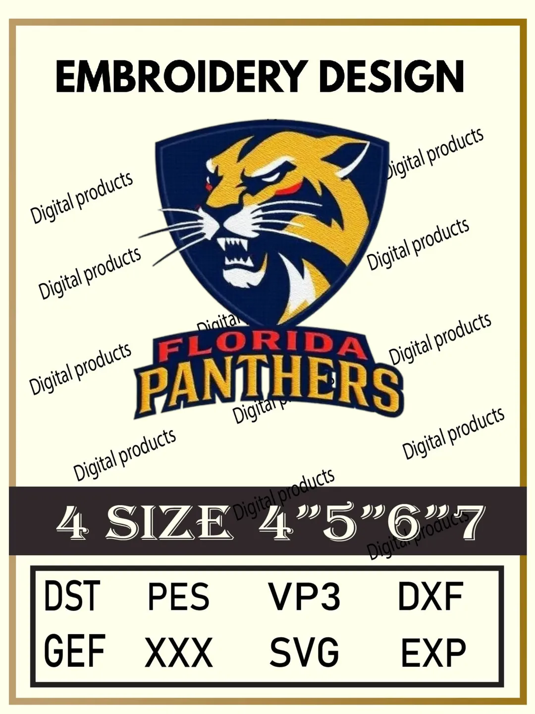 Florida Panthers Embroidery Design Digital Logo Pattern with Shield and Panther Head for Machine Embroidery Projects in Four Sizes with Multiple Compatible Formats Including DST, PES, VP3, DXF, GEF, XXX, SVG, EXP