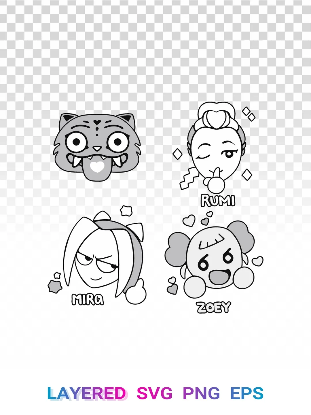 K‑Pop Demon Hunters Rumi Mira Zoey PNG SVG Huntrix Cricut