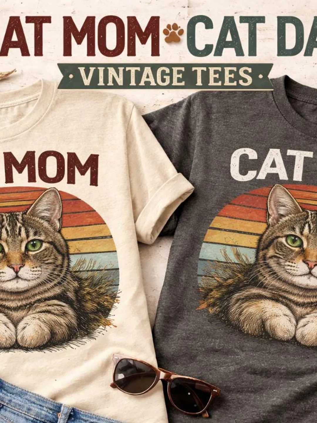 Vintage Cat Mom Dad Shirt, Retro Tabby Cat Sunset Tee