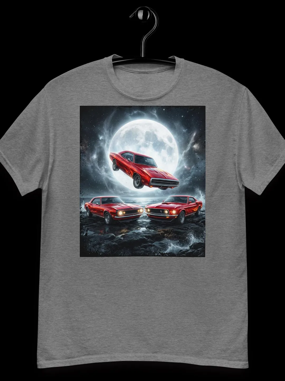 Retro Muscle Cars Moon Graphic Tee, Vintage Red Sports Car Apparel, Celestial Night Automotive Design, Classic Garage Style Unisex Shirt