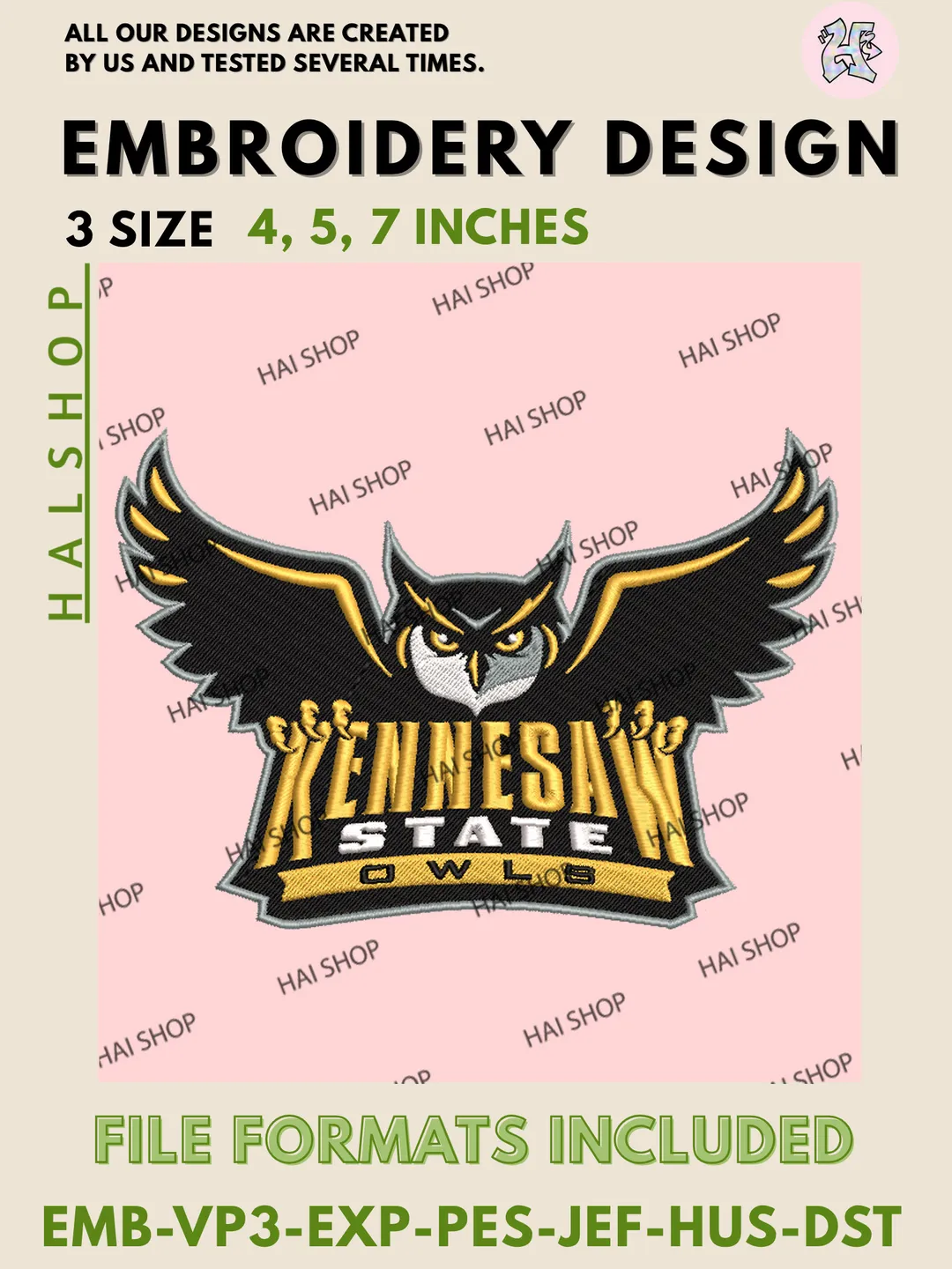 Kennesaw State Owls Logo Machine Embroidery Design Files, NCAA Kennesaw State Owls Embroidery, Digital Download