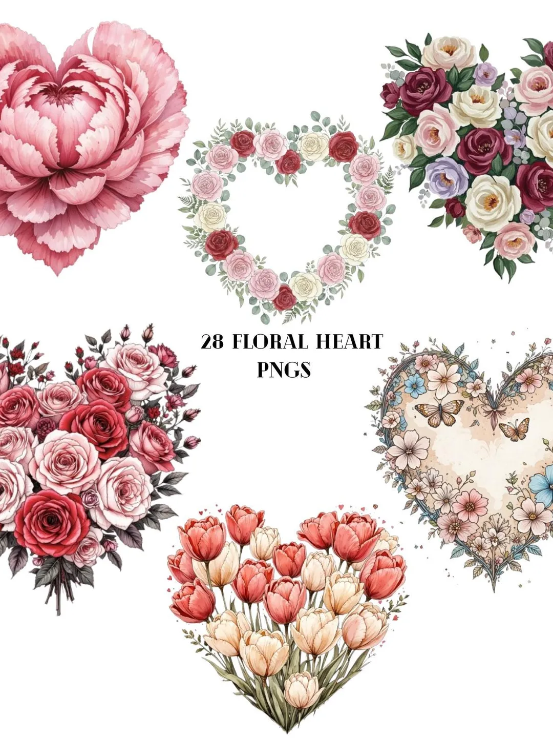 Watercolor Floral Heart PNG Bundle – 28 Romantic Clipart Designs ...