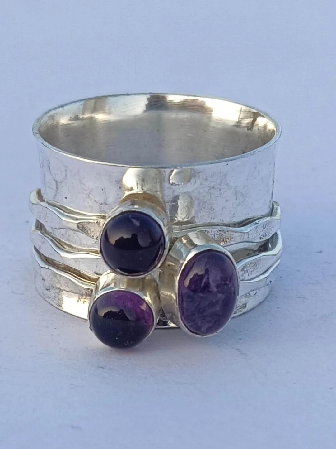 Natural Amethyst Gemstone Ring, Handmade Ring, 925 Sterling Silver Ring, Statement Ring, Three Stone Ring, Meditation &Band Ring,