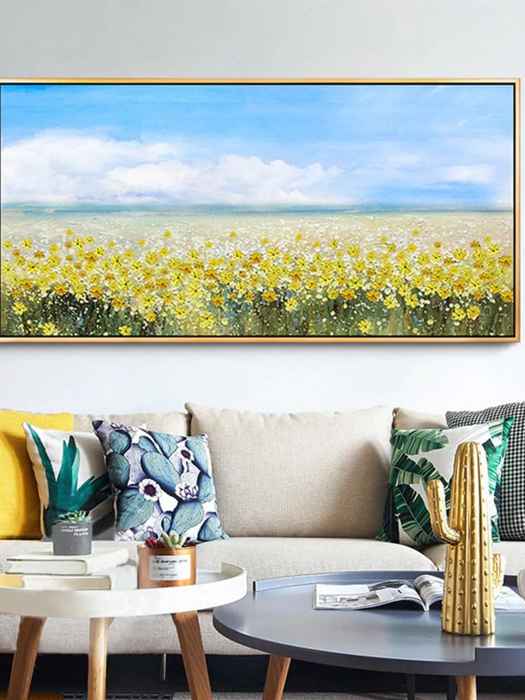 oil painting flower on canvas, original flower painting,yellow flower painting, blue sky painting, landscape painting,living room wall art