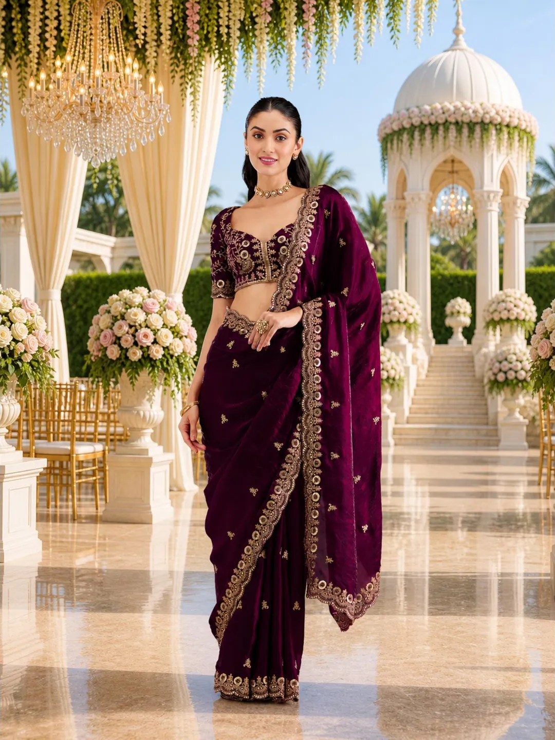 Wine Sequin Ready To Wear Saree For Women: Tissue Embroidery, Indian Wedding Wear