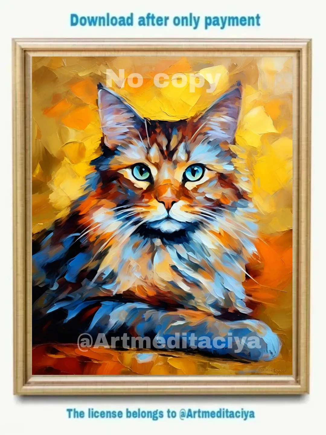 Digital abstract textural modern painting "Fluffy gray-red cat with turquoise eyes" on an abstract orange-yellow background in the style of pasty oil painting with a palette knife, impasto