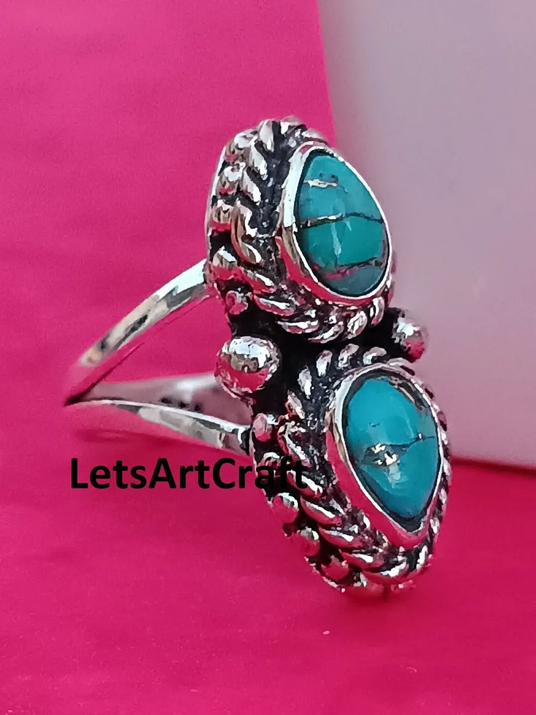 Handmade Turquoise Ring: 925 Sterling Silver Boho Statement Ring