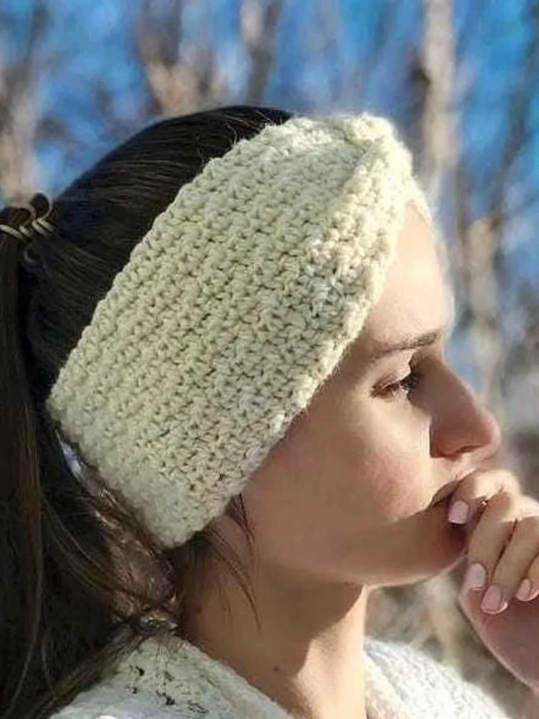 Handmade Alpaca Wool Crochet Ear Warmer: Puffy Stitch Ivory Cream Headband