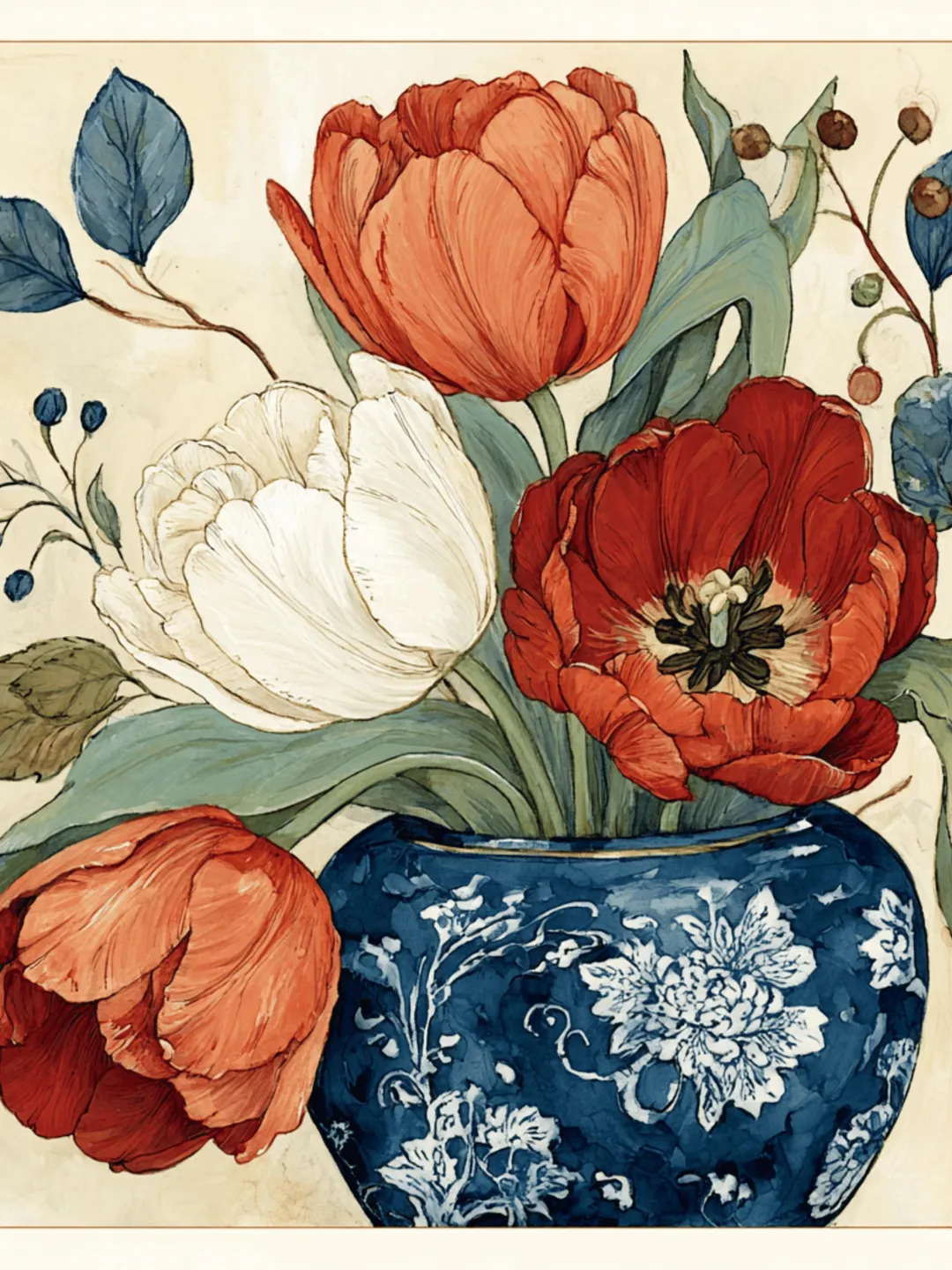 50 Tulip Floral Art Set Blue White Vase Vintage Botanical Painterly ...