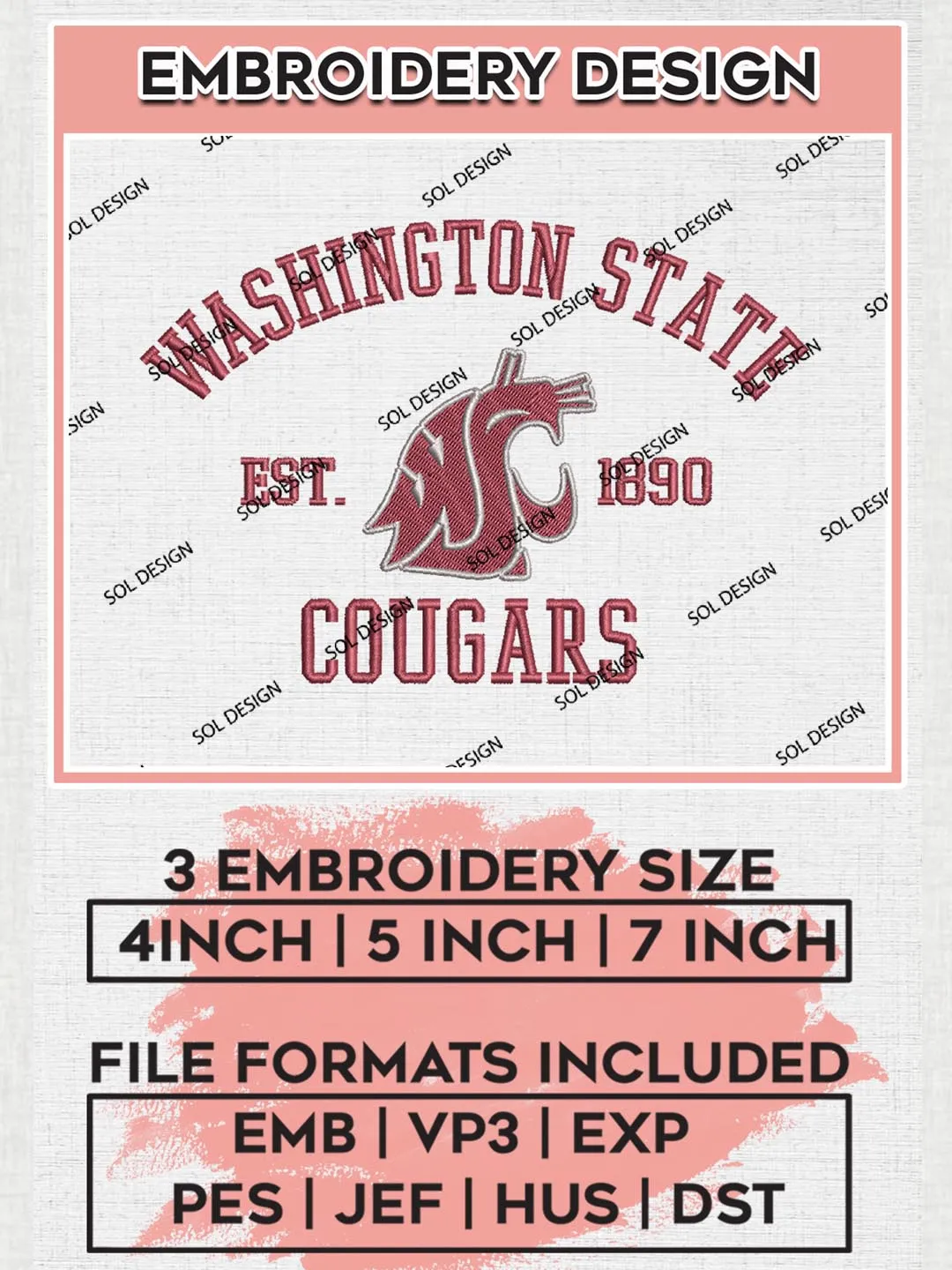 Washington State Cougars Est 1890 Logo Embroidery Designs, NCAA Washington State Cougars Team Embroidery, NCAA Team Logo, 3 sizes, Machine embroidery Files, Digital Download