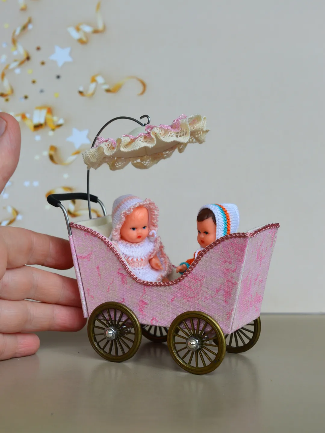 Miniature toy stroller for two small dolls. Handmade miniature stroller for small dolls. Stroller for dolls 2,76"(7 cm.)