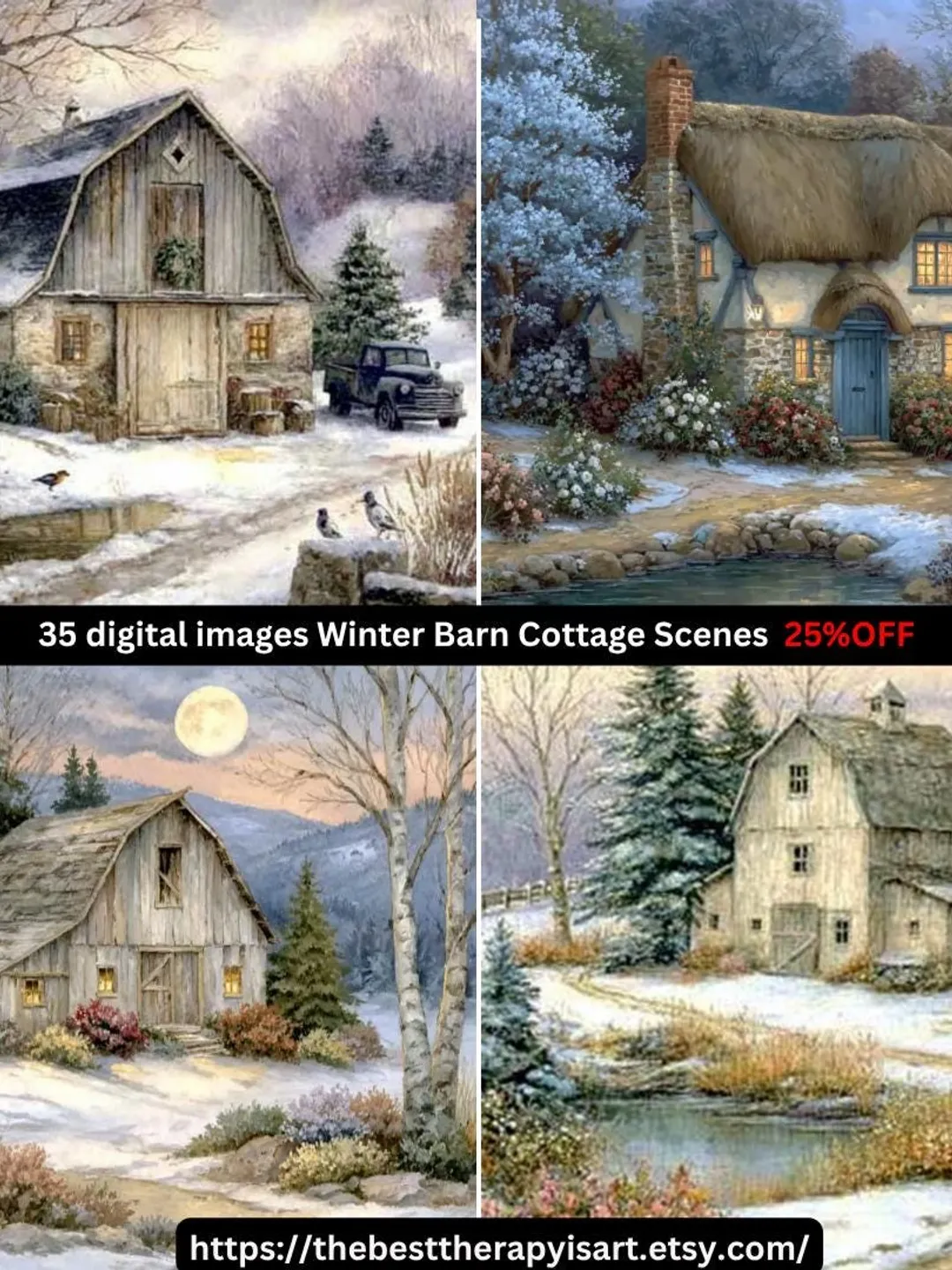 35 Snowy Winter Cabin Wall Art, Cozy Barn Landscape Prints, Rustic Cottage Scene Digital Downloads for Holiday DIY Wall Art Projects