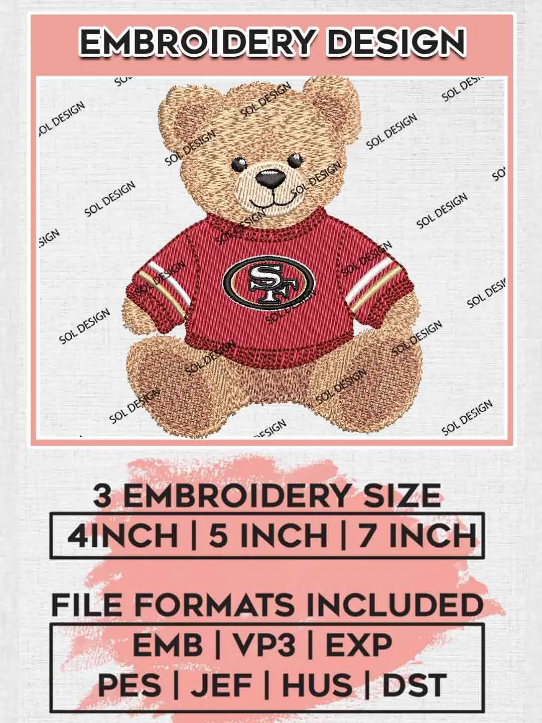 San Francisco 49ers Cute Teddy Bear Embroidery Designs, Vintage Sports Bear Football Embroidery Design File, NFL, Sport Bear Embroidery, NFL San Francisco 49ers Team Embroidery, Digital Download