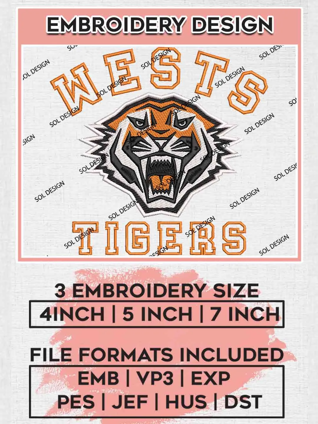 NRL Wests Tigers Embroidery Design Files, National Rugby League Embroidery Design, Wests Tigers Logo Embroidery Design, NRL Machine Embroidery Digitized Pes File, 3 Sizes, Instant Download