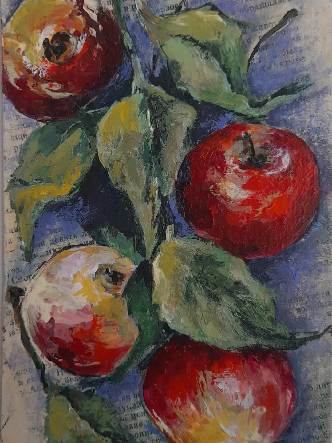 Miniature oil painting Apples on a branch 21x12,5 cm (8.28 х 5 inches)
