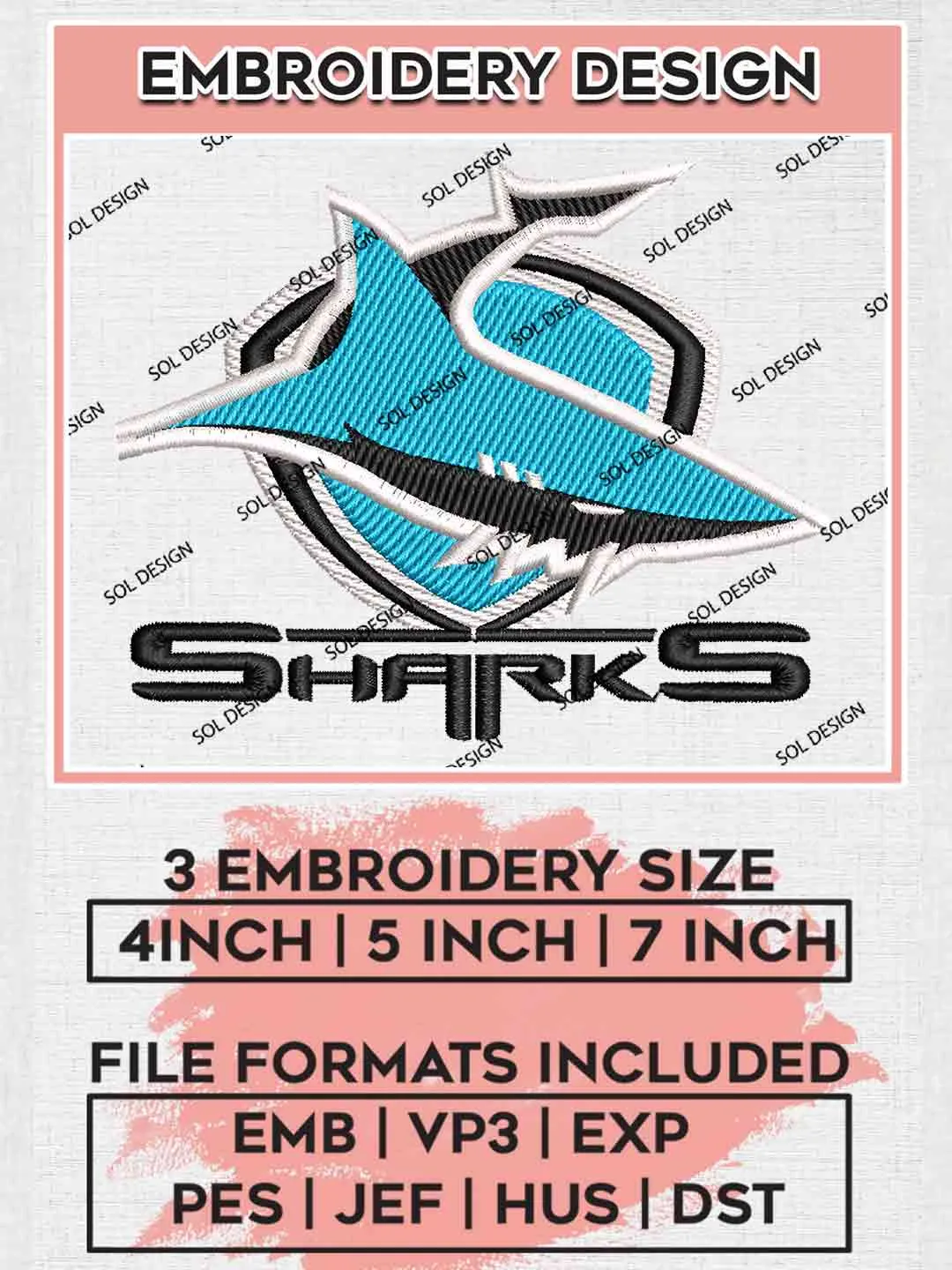 NRL Cronulla Sharks Embroidery Design, National Rugby League Logo, Cronulla Sharks Logos Embroidery Design,NRL Machine Embroidery Digitized Pes File,3 Sizes, Instant Download
