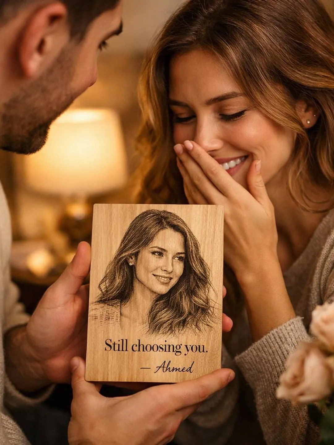 Personalized Wife Photo Engraved on Wood, Custom Romantic Anniversary Gift for Her, Unique Birthday or Valentine Present | Set of 3 |