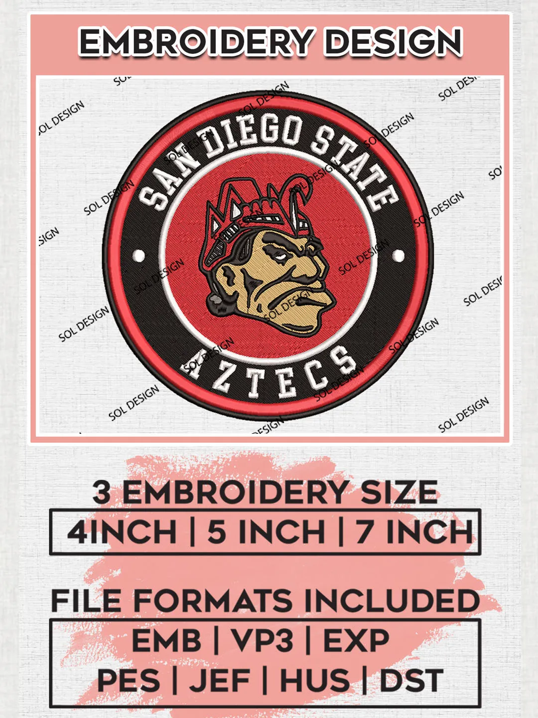 NCAA San Diego State Aztecs Round Logo Embroidery, NCAA San Diego State Logo Embroidery files, NCAA Teams, Machine embroidery designs, Digital Download