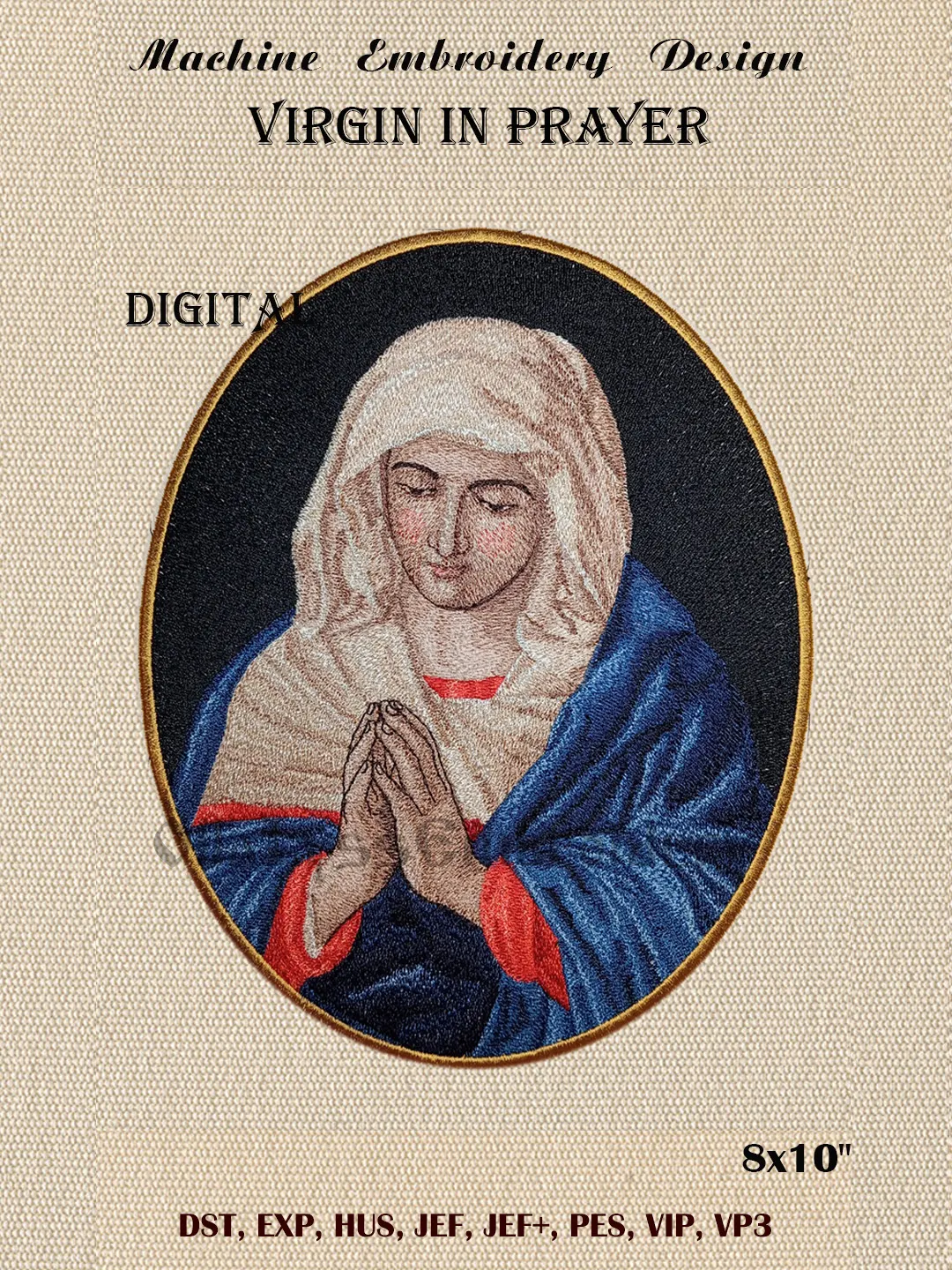 Virgin in Prayer oval embroidery design