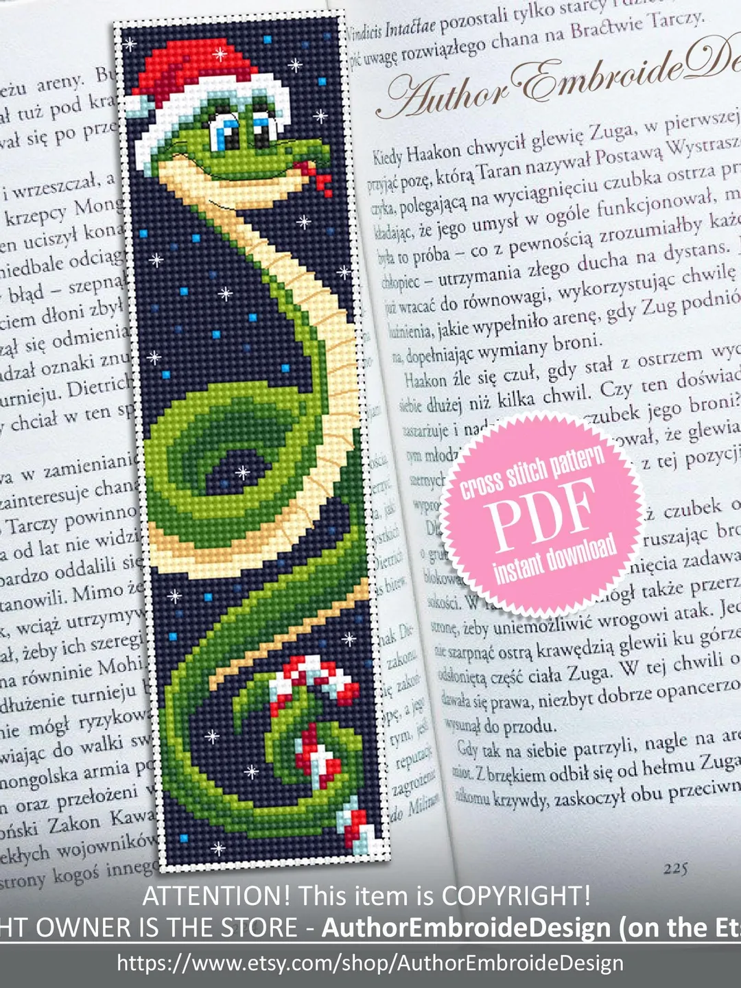 Christmas bookmark cross stitch pattern PDF download Cute snake cross stitch chart, Snake bookmark pattern digital PDF, Happy new year #B359