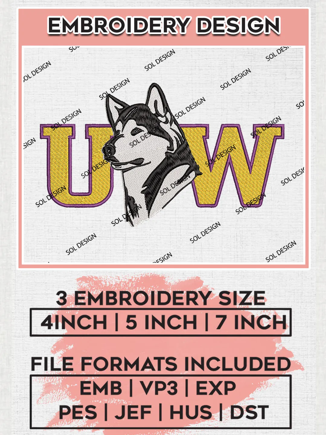 Husky M Lettering Washington Huskies NCAA College Football Team Letter Logo Embroidery ...