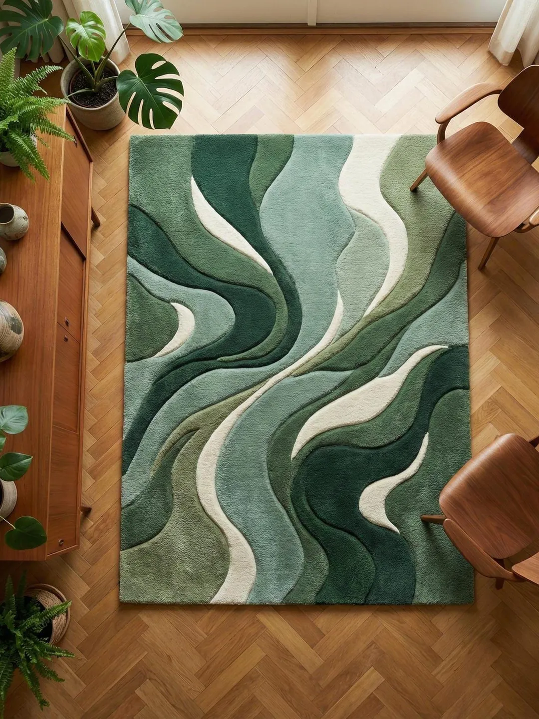 Hand Tufted Green Wave Rug | Modern Abstract Wool Area Rug | Custom ...