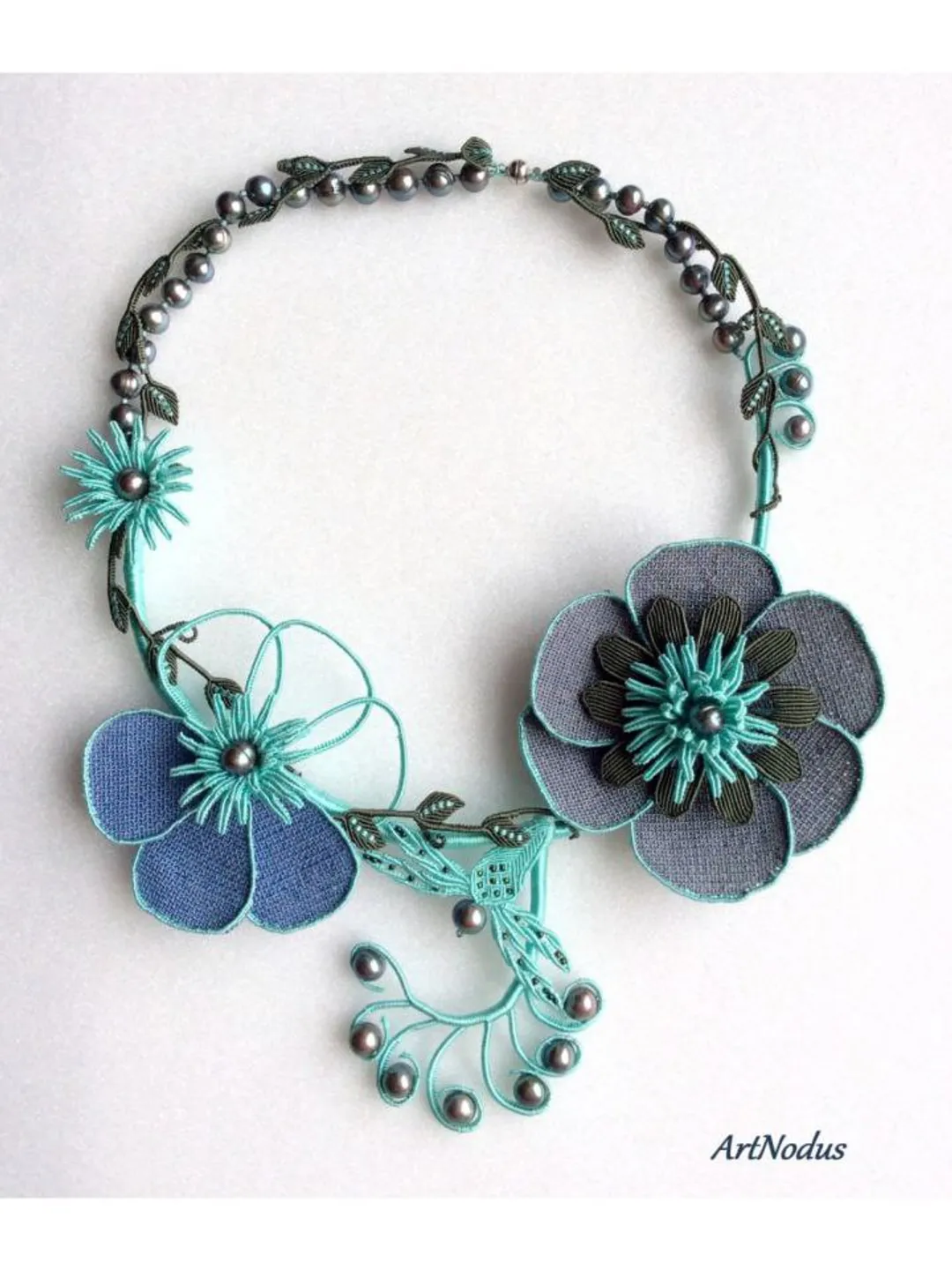 Night Dreams Floral and Dragonfly Asymmetrical Macrame Necklace