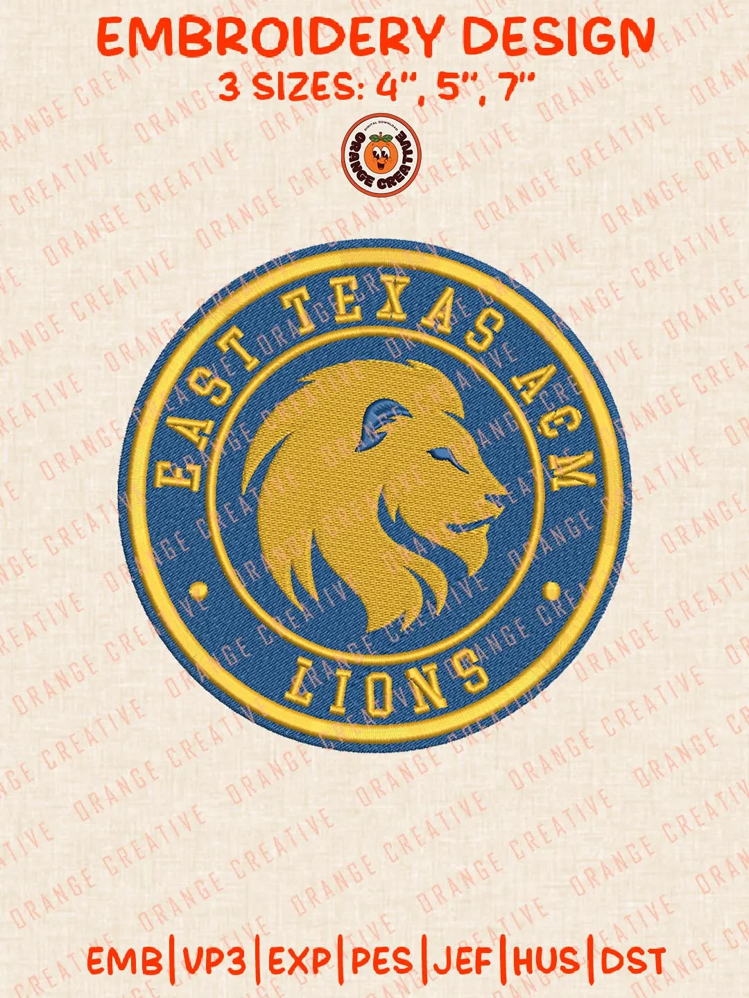 East Texas A&M Lions Embroidery Design, NCAA Team Logo Embroidery Design, Machine Embroidery Design File, 4 Sizes, Digital Download