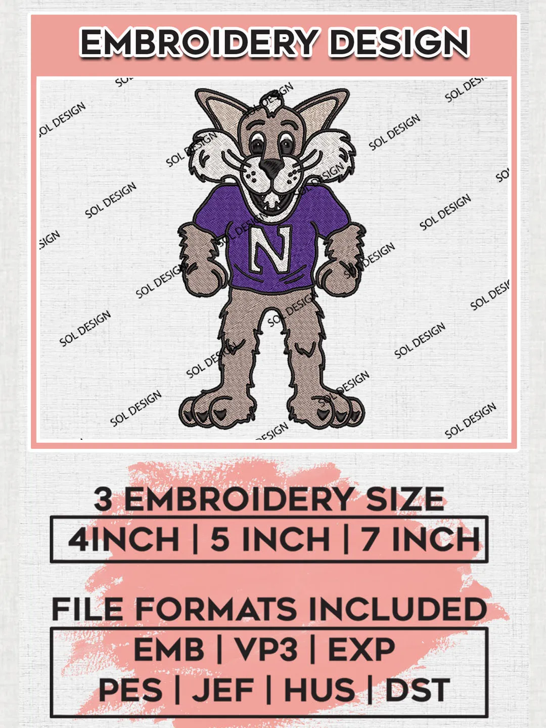 Northwestern Wildcats Team Mascot Logo Embroidery Design Files, NCAA Northwestern Wildcats Machine Embroidery, NCAA Teams, 3 sizes, NCAA Machine embroidery designs, Digital Download